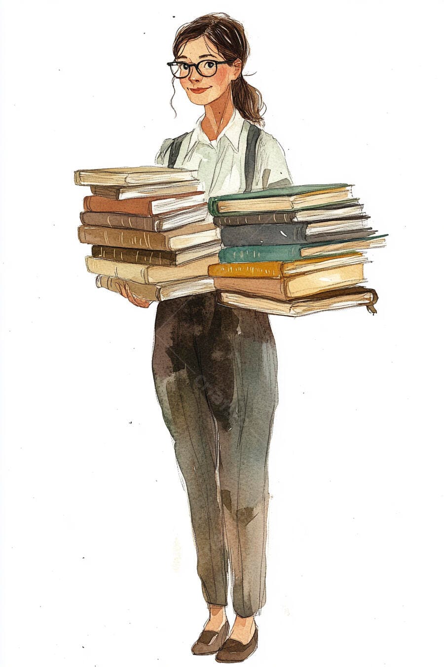 Mulher jovem morena de óculos carregando pilhas de livros sorrindo