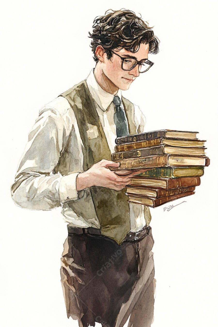 Homem estudioso de óculos segurando pilha de livros antigos em aquarela
