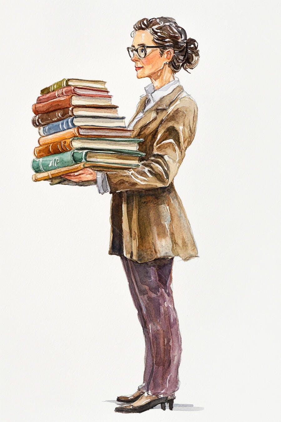 Mulher de óculos professora carregando pilha de livros coloridos em aquarela