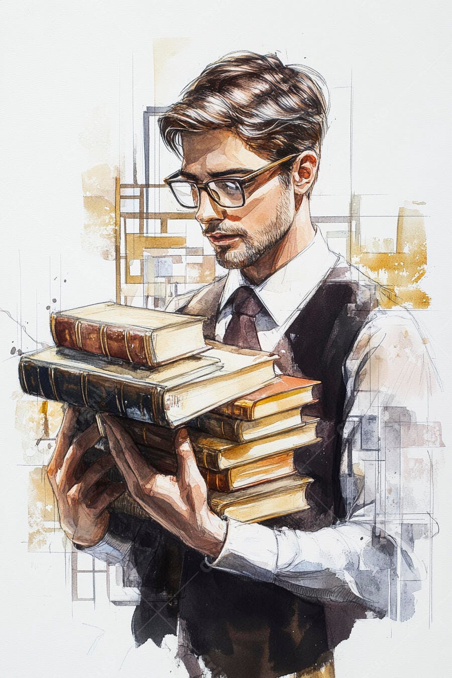 Homem intelectual de óculos com livros antigos em aquarela