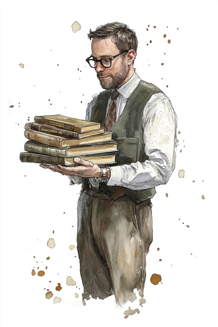 Homem barbudo de óculos segurando pilha de livros antigos em aquarela
