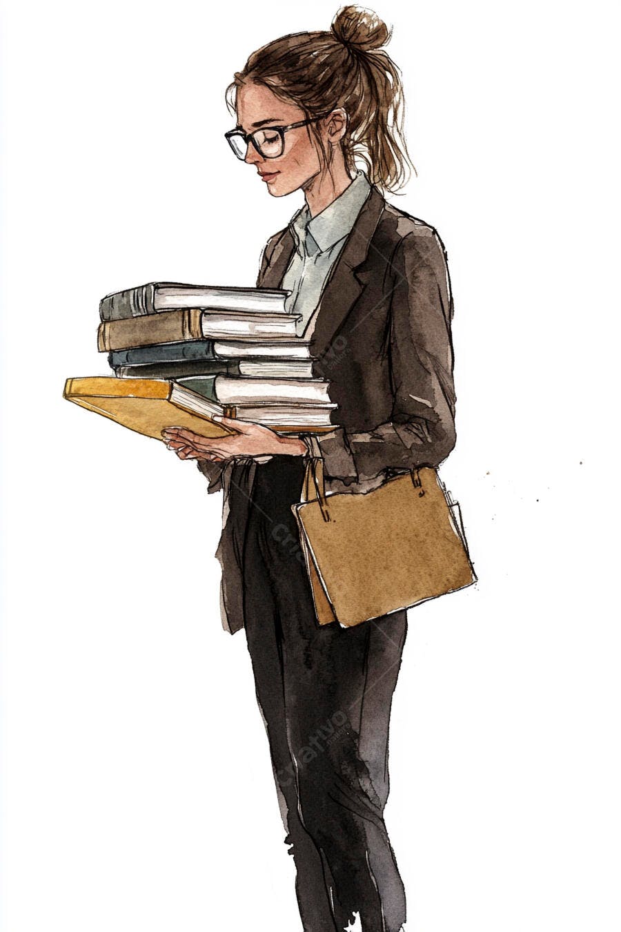 Mulher caucasiana de óculos carregando pilhas de livros e pastas em aquarela
