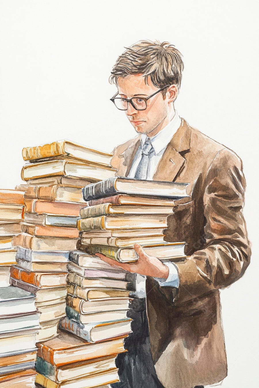 Homem de óculos terno marrom carregando livros ilustração aquarela