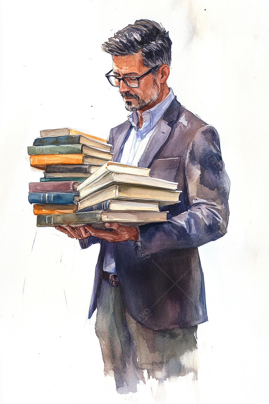 Professor de óculos e barba cinza carregando pilha de livros antigos, ilustração aquarela
