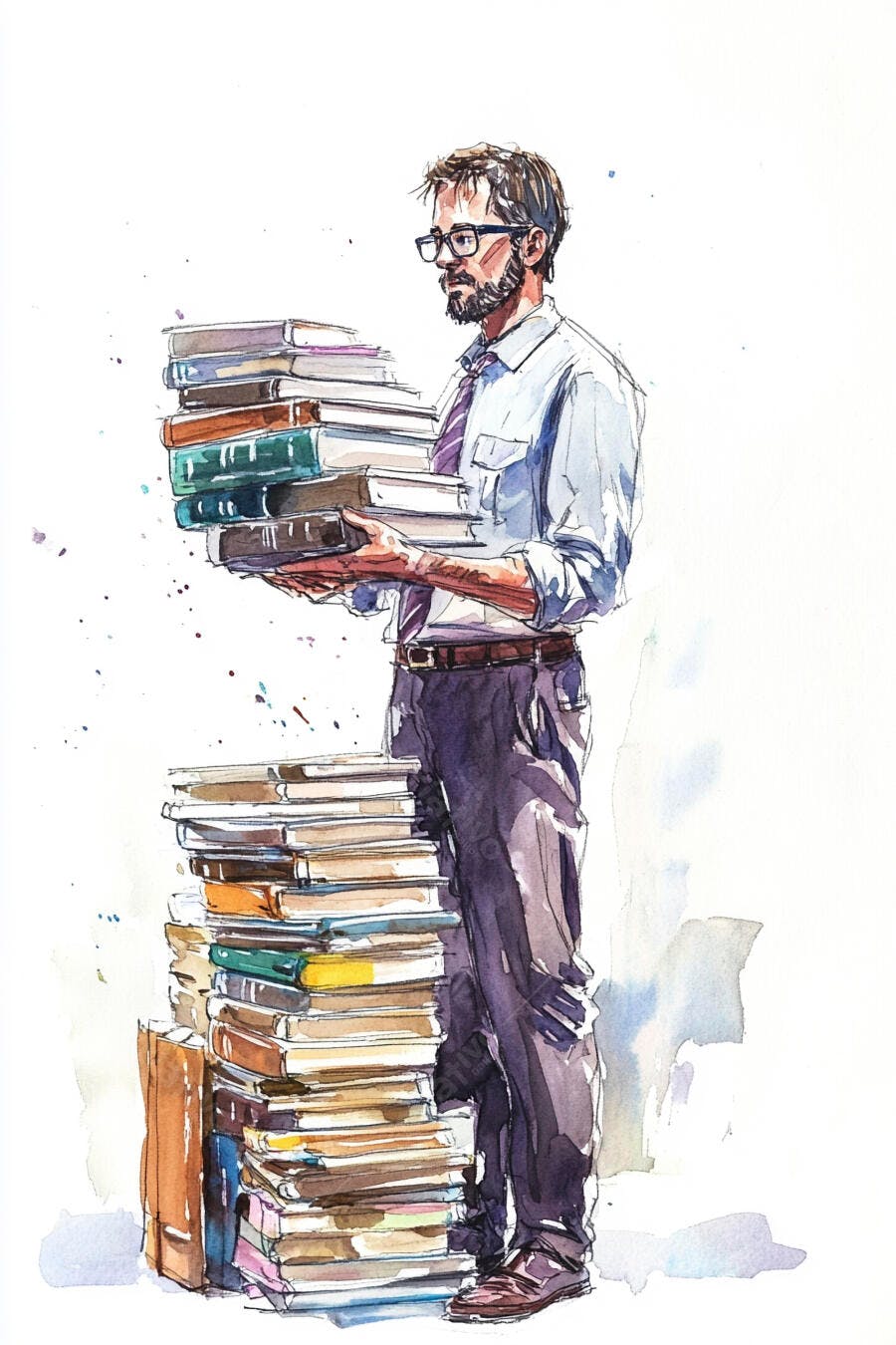 Professor caucasiano de óculos carregando pilhas de livros aquarela