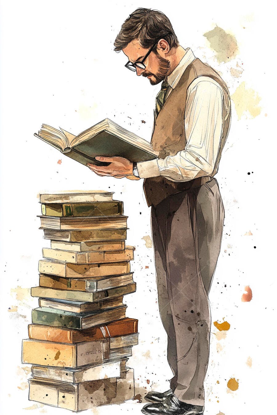 Homem barbudo de óculos lendo livro em pilha de livros aquarela
