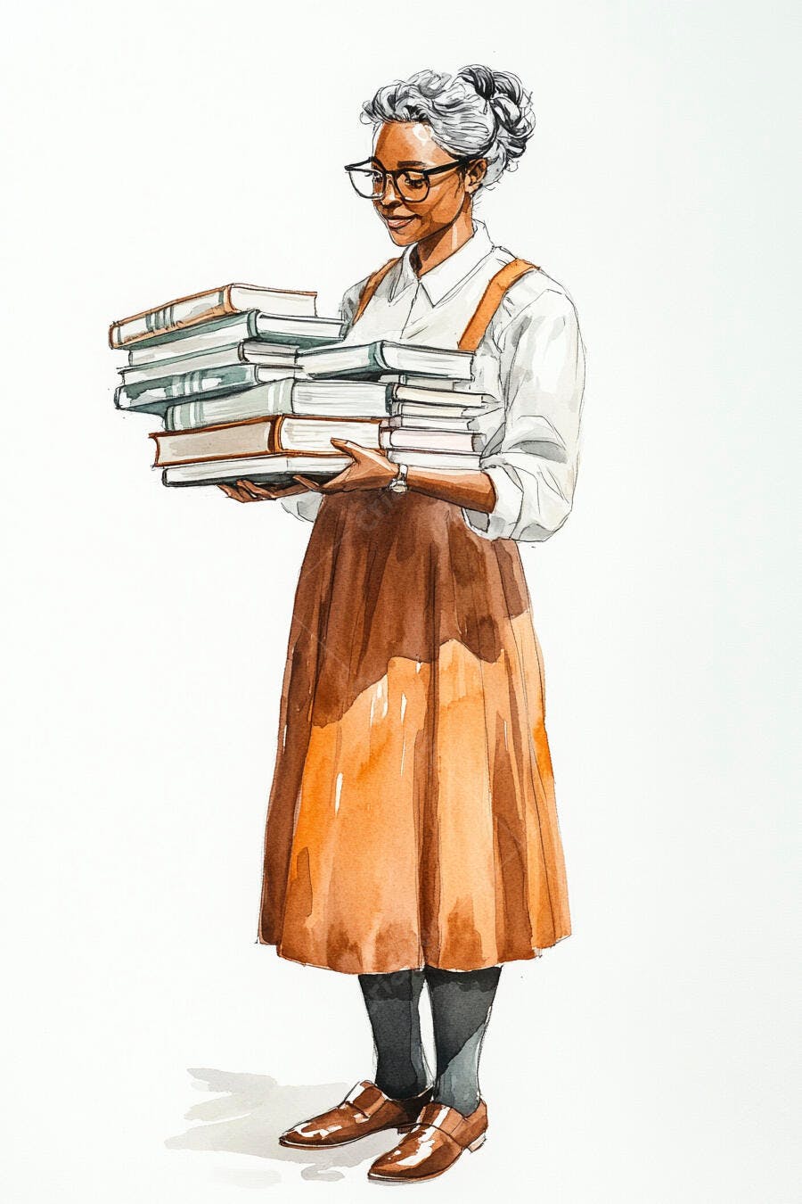 Mulher negra idosa de óculos carregando livros sorrindo ilustração aquarela