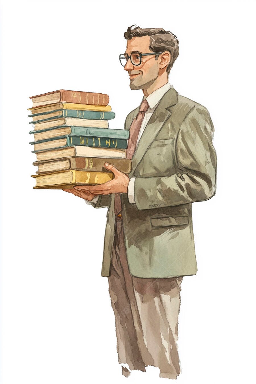 Homem estudioso com óculos e terno carregando livros ilustração aquarela