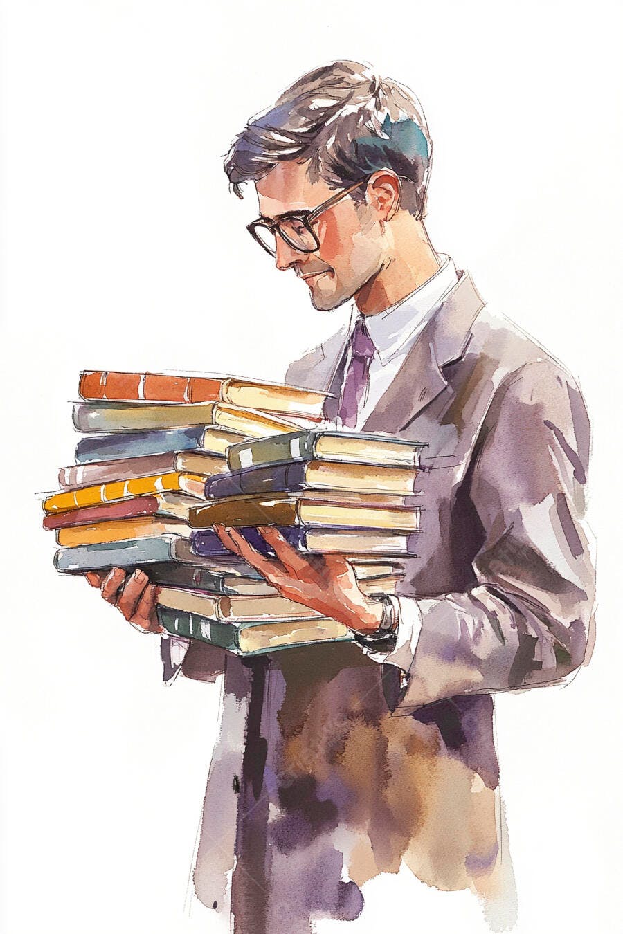 Homem de óculos com terno cinza empilhando livros coloridos em aquarela
