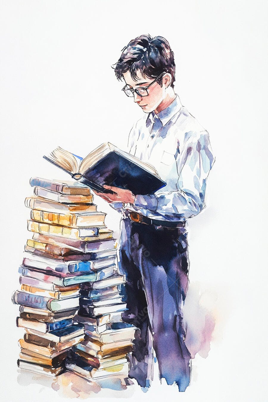 Estudante asiático de óculos lendo livro junto a pilha de livros em aquarela