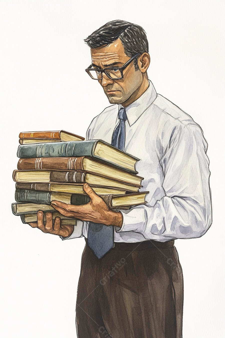 Homem de óculos e camisa branca carregando pilha de livros pesados