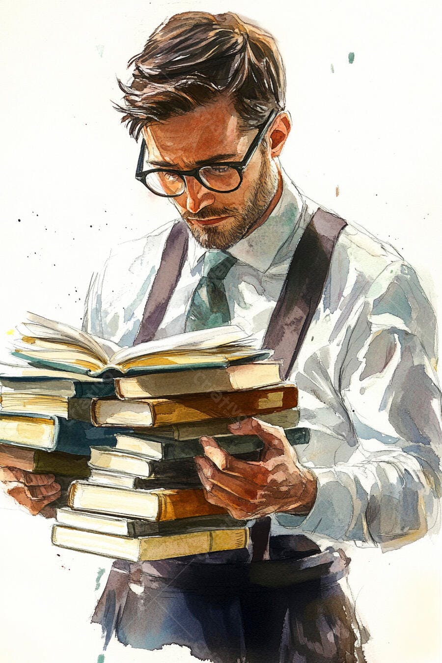 Homem branco barbudo de óculos lendo livros em tons terrosos aquarela