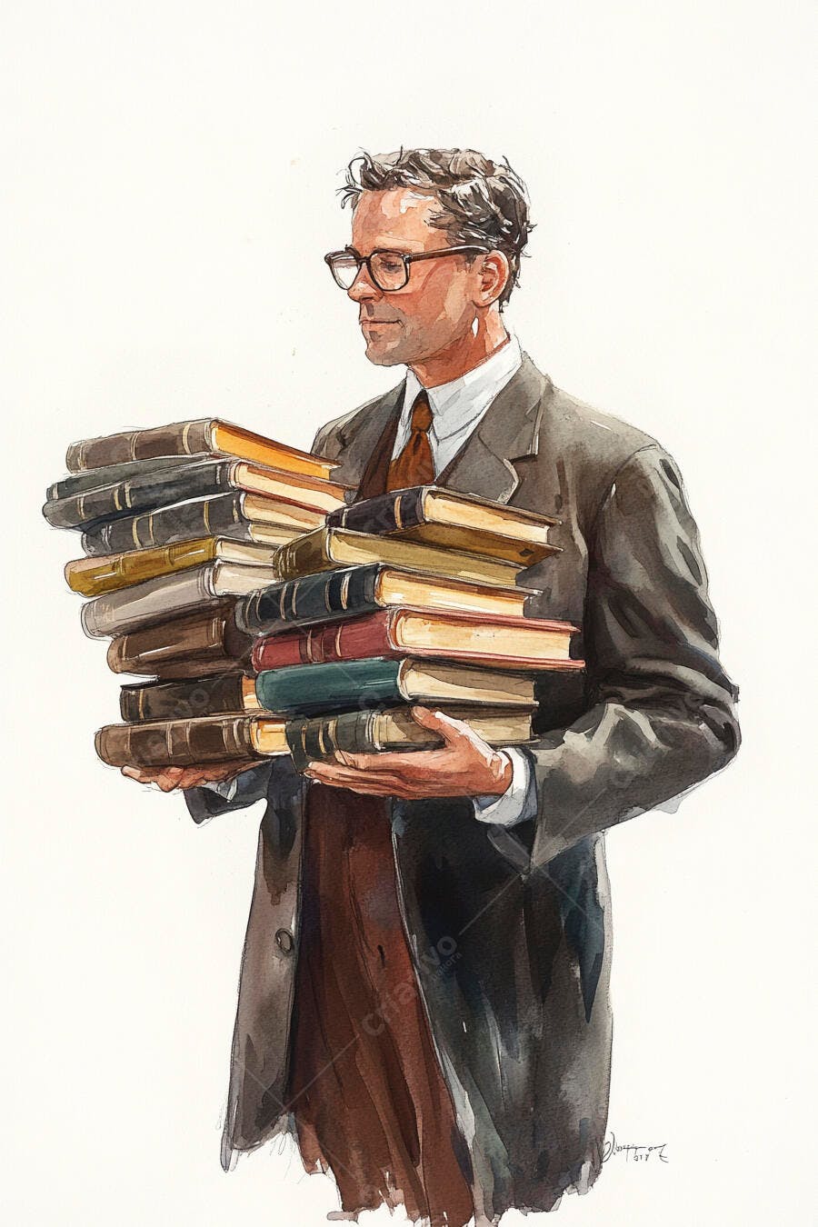 Homem estudioso de óculos carregando pilha de livros antigos em aquarela