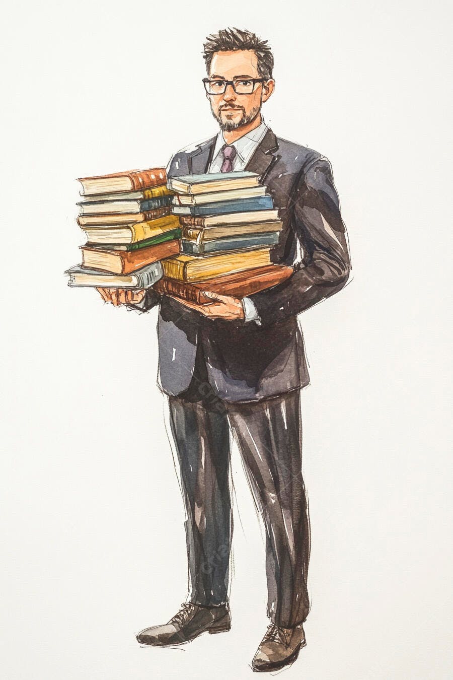 Homem caucasiano de terno e óculos carregando pilha de livros ilustração aquarela