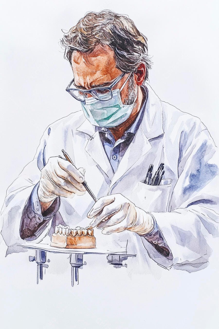 Profissional de prótese dentária com máscara óculos trabalhando em modelo aquarela