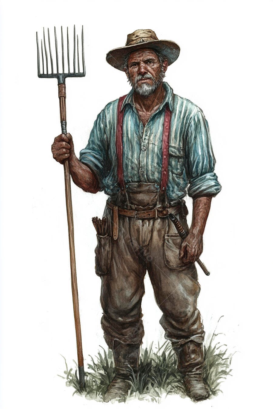 Fazendeiro idoso caucasiano de chapéu e forcado em estilo aquarela
