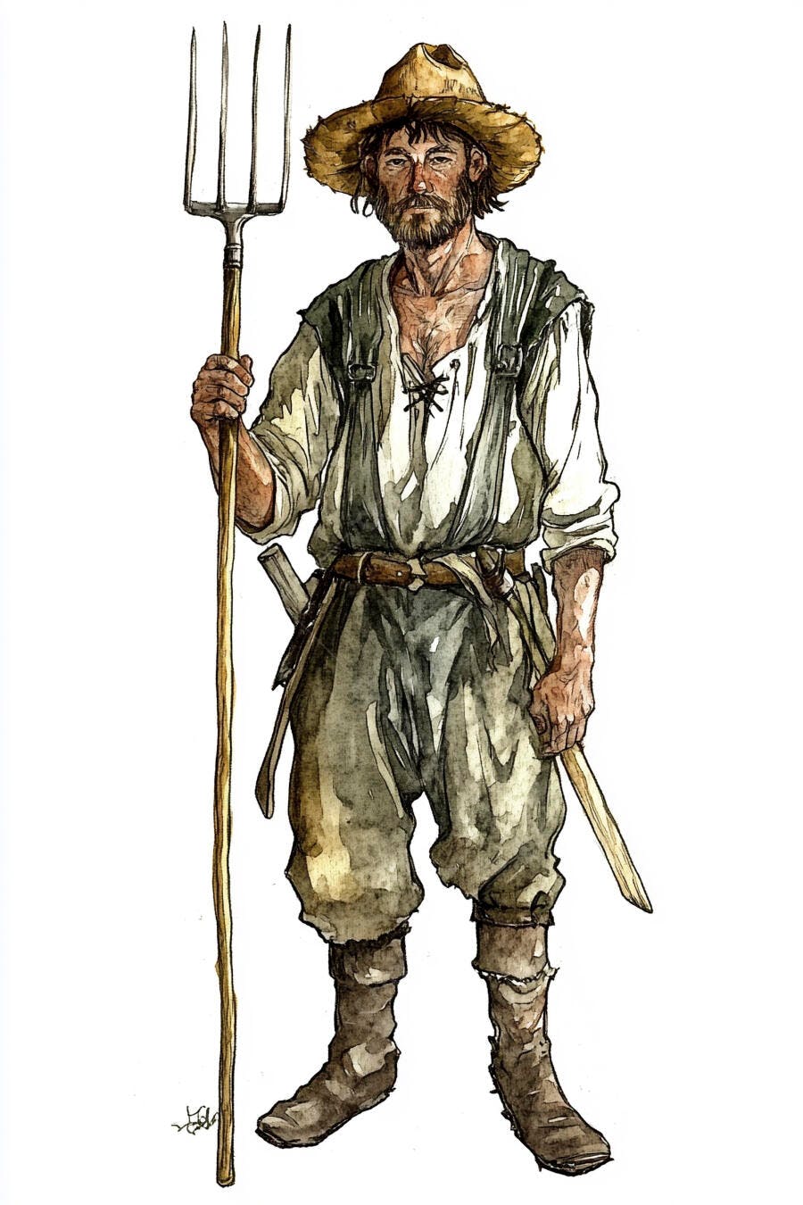 Homem camponês de barba chapéu de palha e forquilha ilustração em aquarela