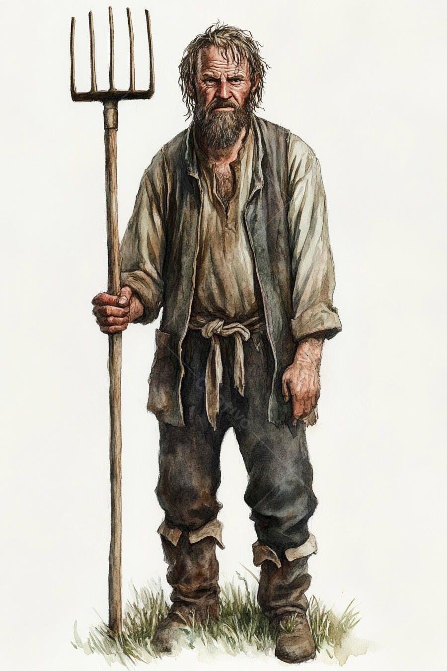 Homem camponês barbudo com forcado ilustração aquarela rústica