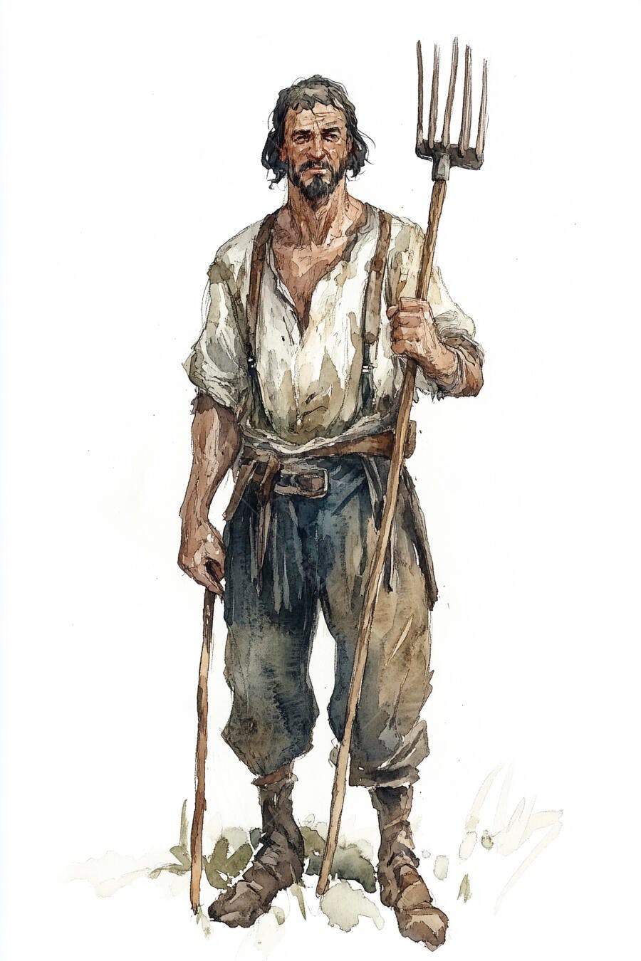 Homem camponês com forcado e cajado aquarela estilo vintage