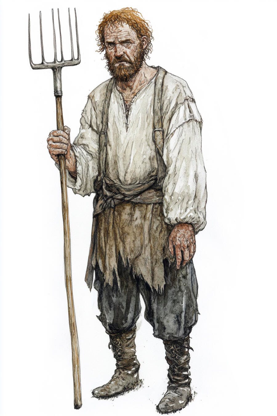 Homem camponês ruivo com barba e forquilha ilustração medieval