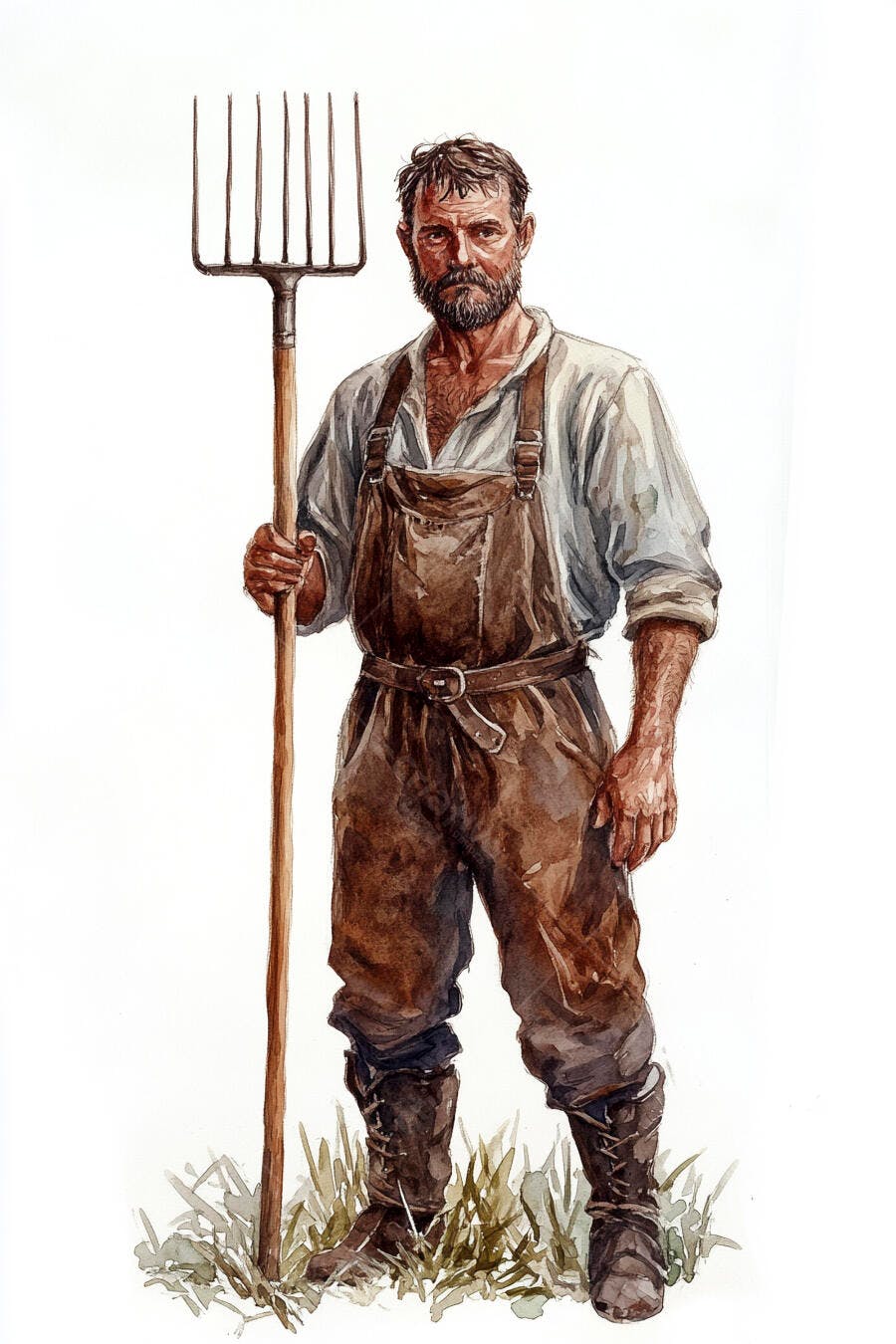 Homem fazendeiro rural com forcado em ilustração aquarela
