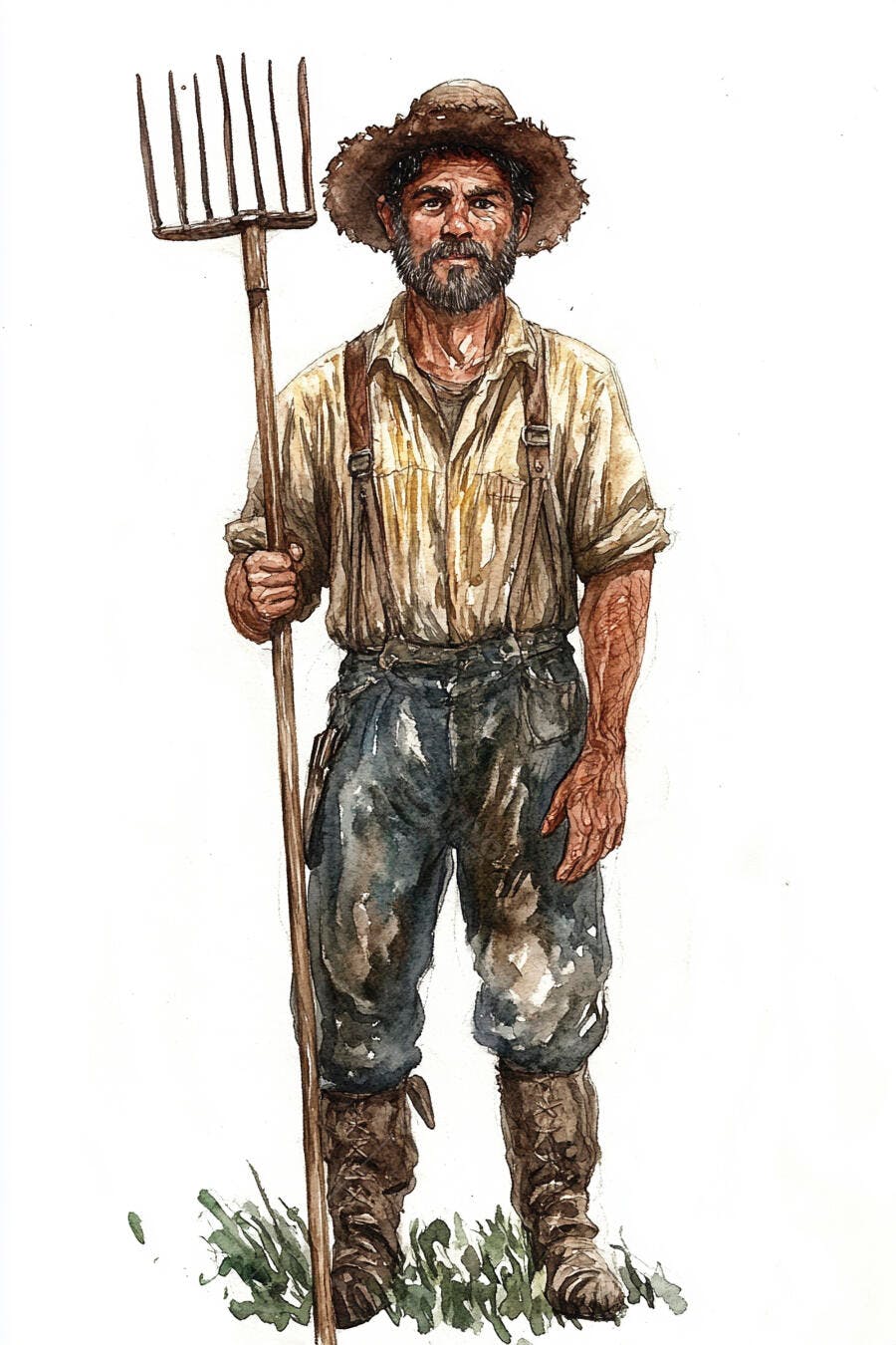 Fazendeiro barbudo com chapéu de palha e forcado ilustração aquarela