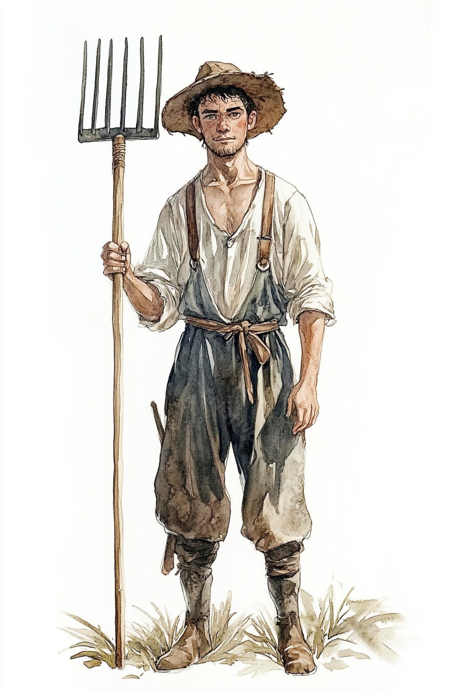 Jovem fazendeiro com forcado chapéu de palha e macacão ilustração aquarela