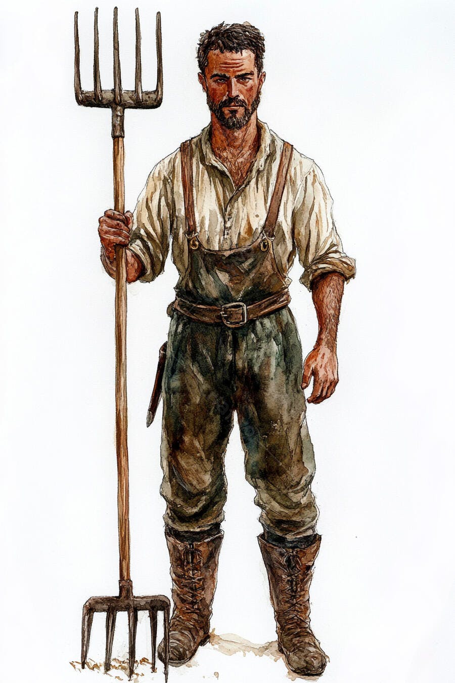 Homem fazendeiro caucasiano robusto com forquilha em aquarela