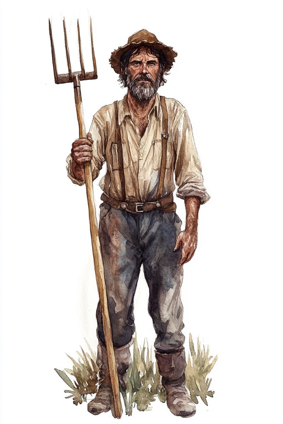 Fazendeiro barbudo segurando forcado com chapéu e suspensórios ilustração aquarela