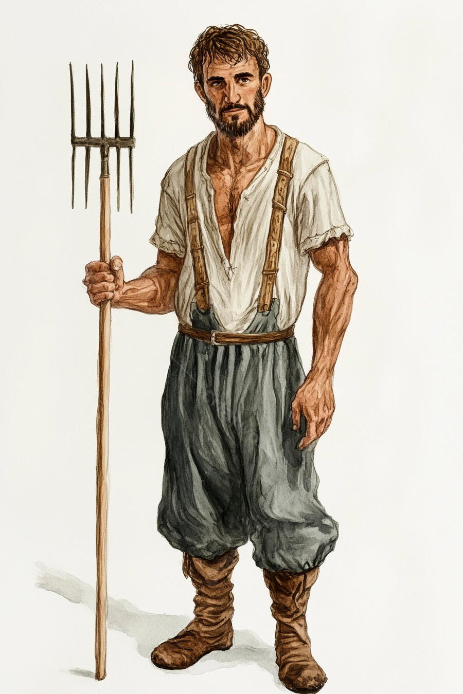 Homem fazendeiro europeu com barba segurando forcado estilo aquarela