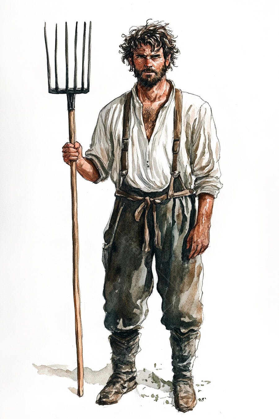 Agricultor robusto caucasiano com forcado em ilustração aquarela