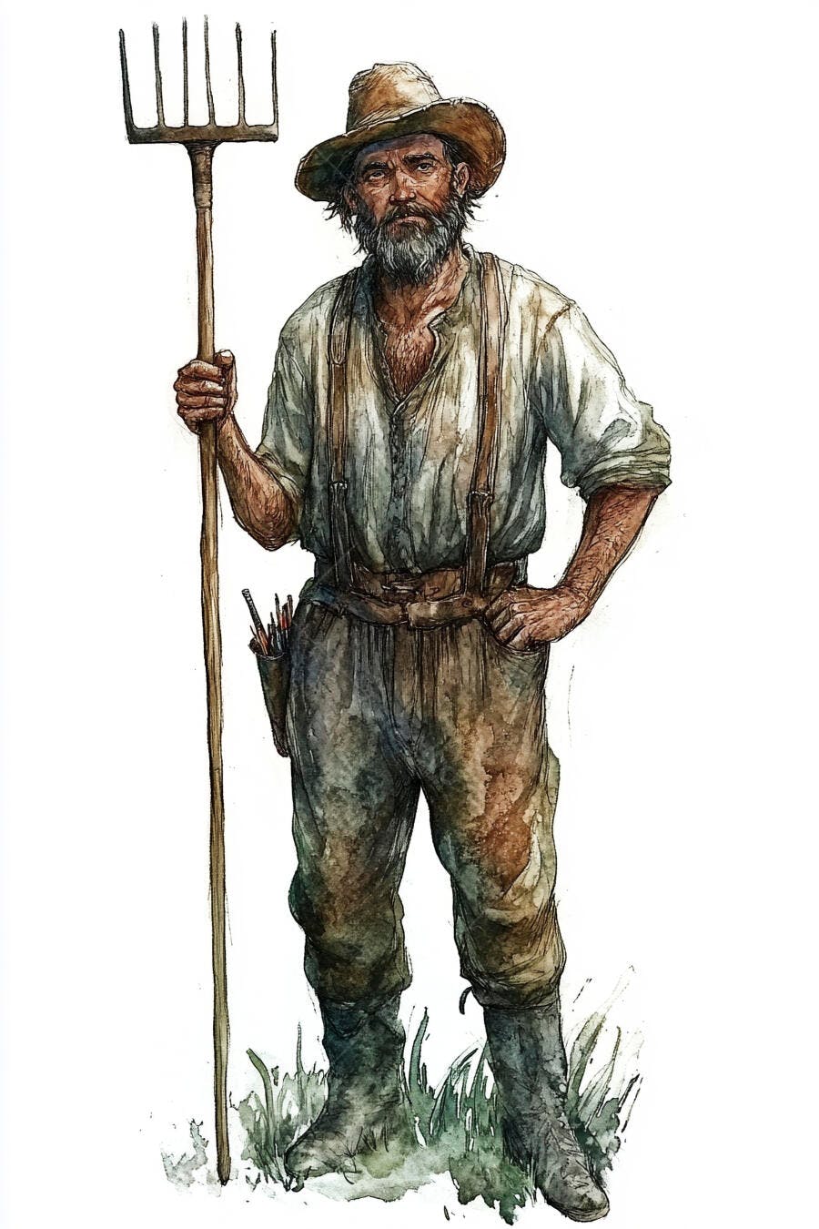 Homem fazendeiro barbudo com chapéu e forcado em aquarela