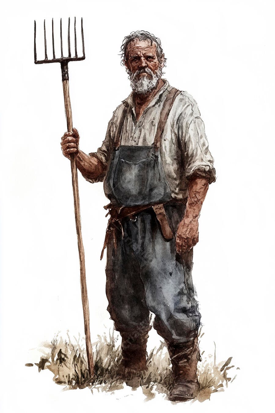 Fazendeiro idoso caucasiano com forcado ilustração aquarela