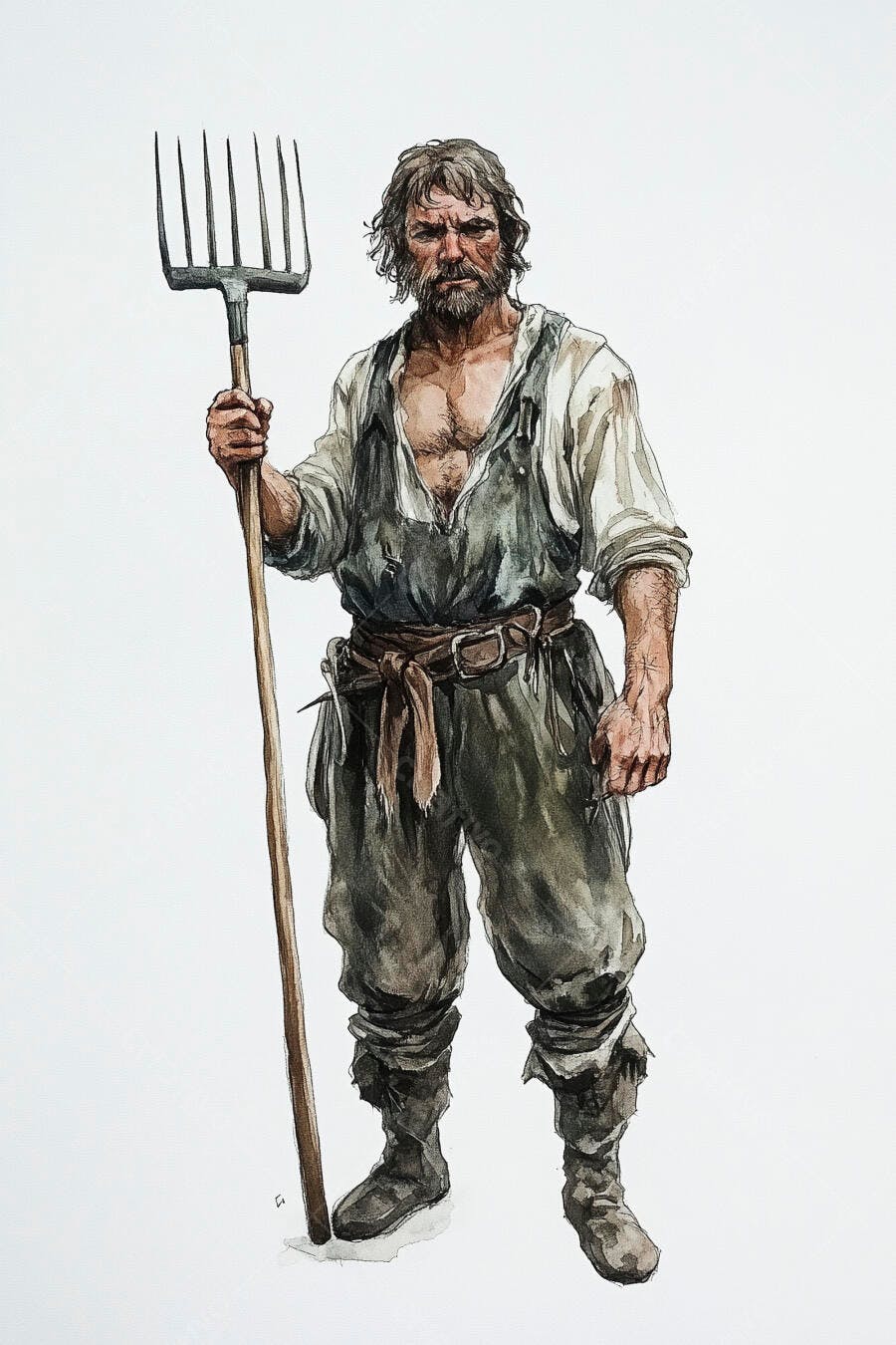 Homem camponês barbudo segurando forcado em ilustração de aquarela