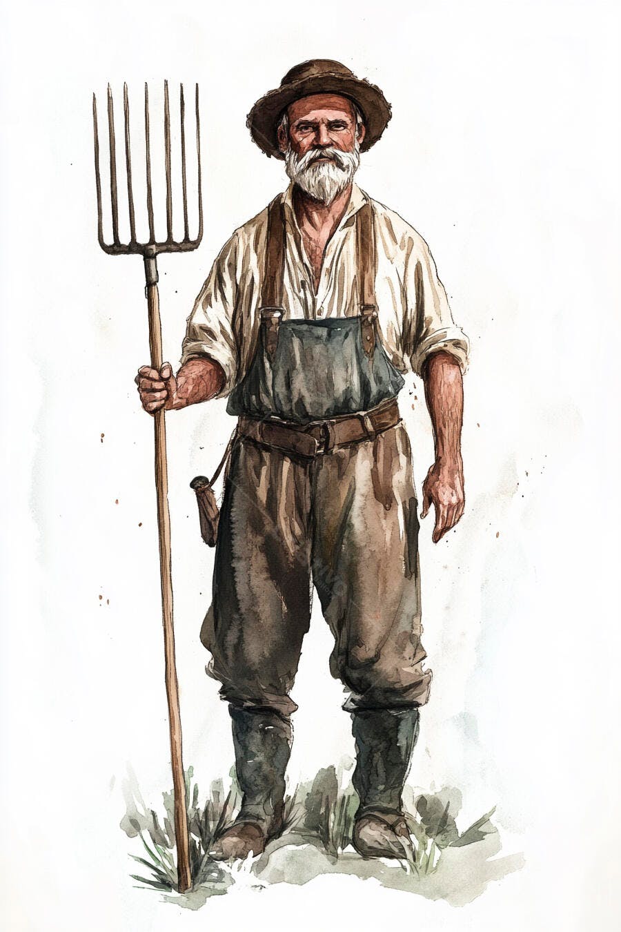Fazendeiro idoso com barba branca segurando forcado ilustração aquarela