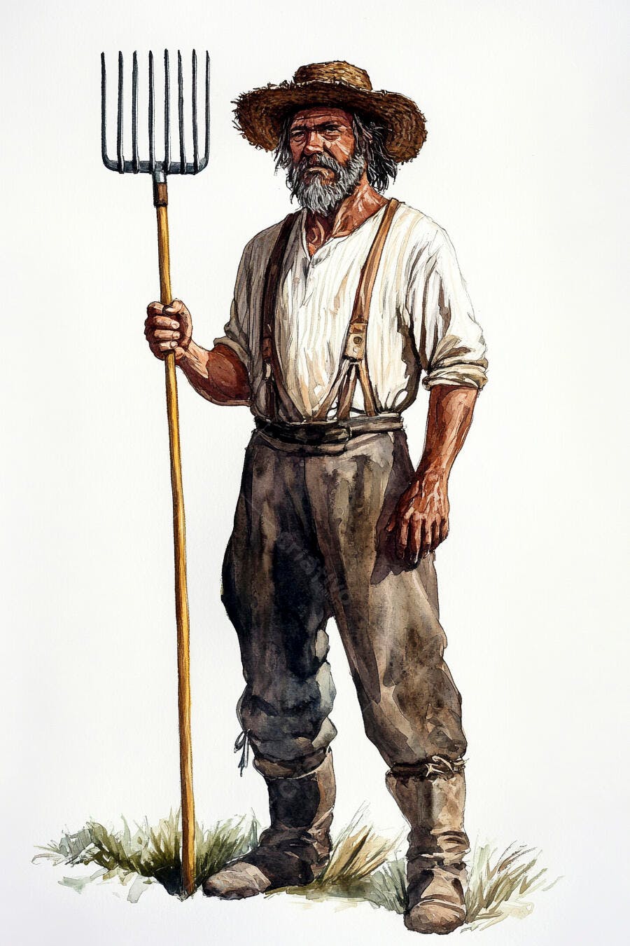 Fazendeiro idoso com barba chapéu de palha e forquilha ilustração aquarela