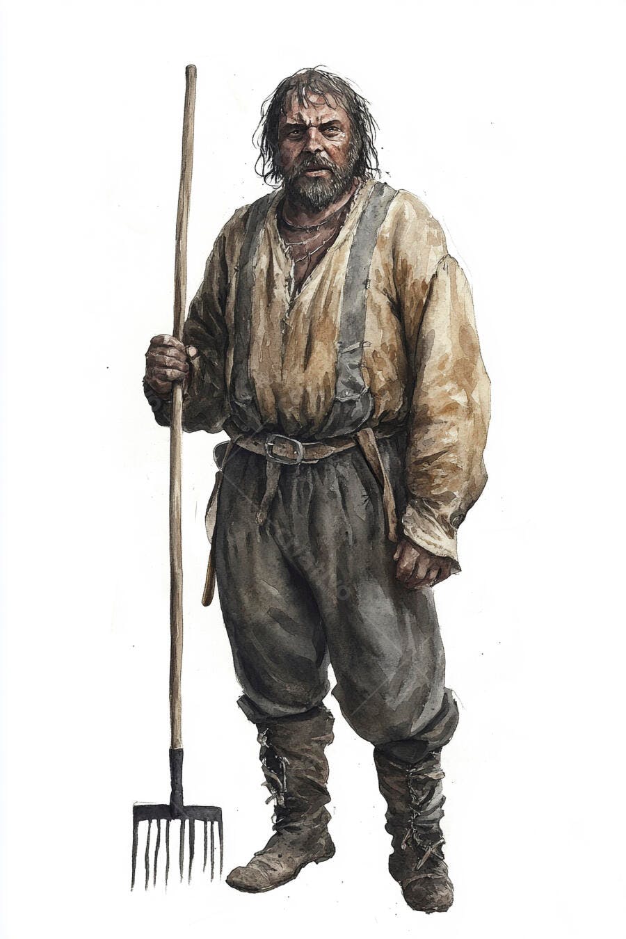 Camponês europeu barbudo com ancinho em roupas rústicas aquarela