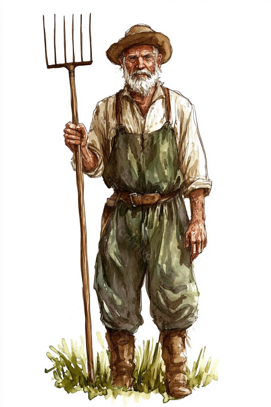 Homem idoso fazendeiro com barba branca e forcado ilustração aquarela