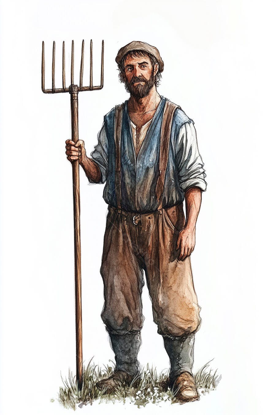 Homem camponês barbudo segurando forcado em ilustração aquarela