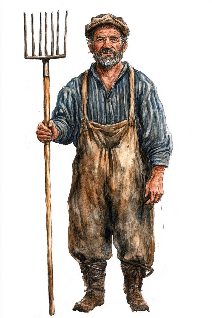 Fazendeiro ilustrado com forcado camisa listrada azul e macacão marrom