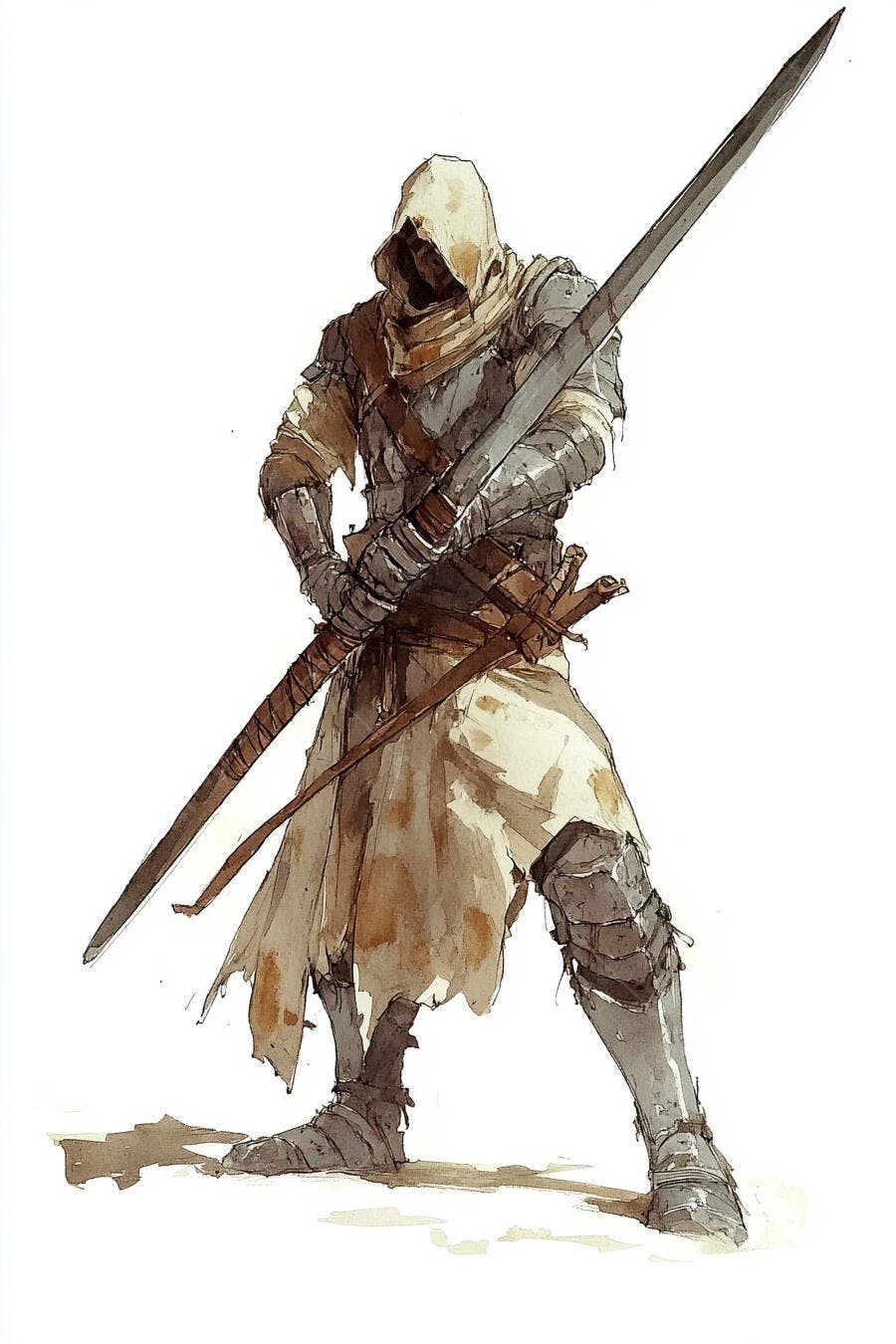 Guerreiro encapuzado com armadura e espada grande estilo aquarela