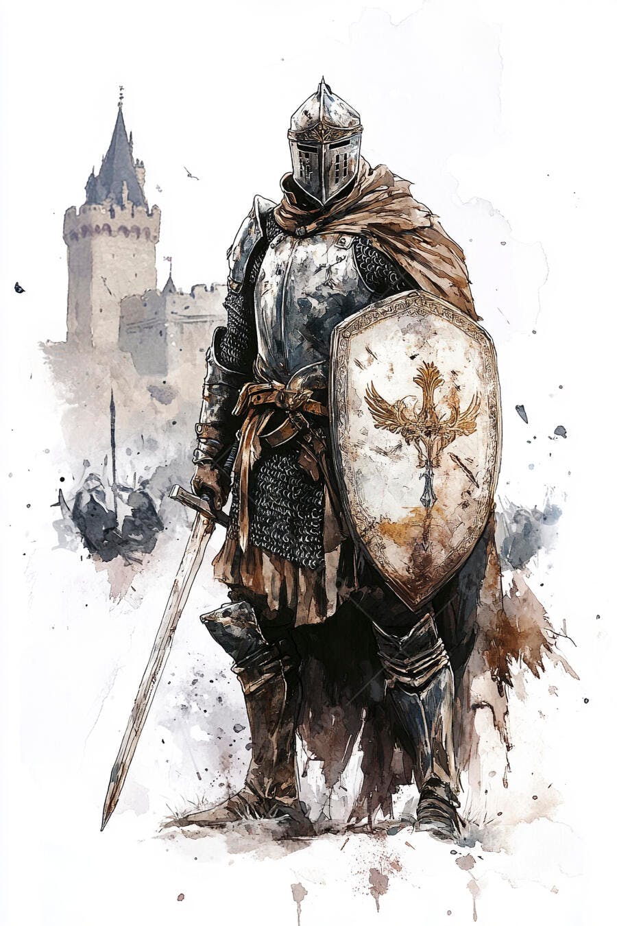 Cavaleiro medieval em armadura com espada e escudo diante de castelo antigo