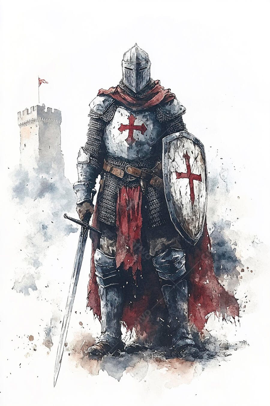 Cavaleiro templário de armadura com espada e escudo de cruz vermelha em frente a castelo