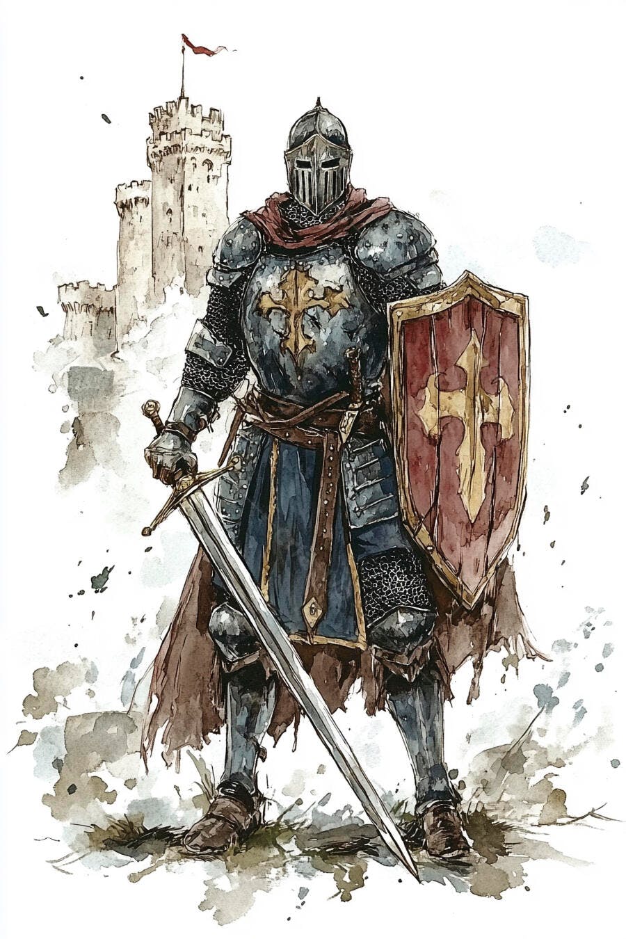 Cavaleiro medieval em armadura cinza com espada e escudo contra castelo antigo