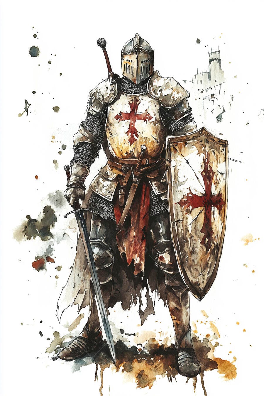 Cavaleiro Templário em armadura com espada e escudo arte aquarela