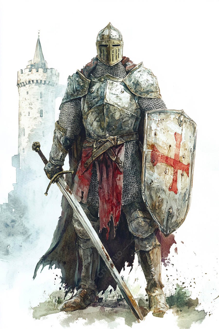 Cavaleiro medieval com armadura e espada diante de castelo antigo