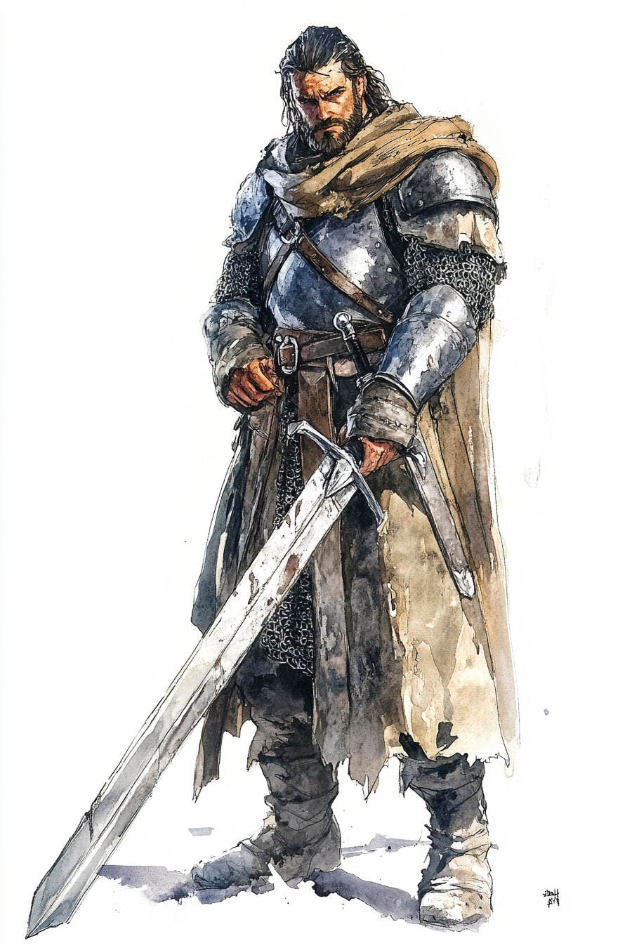 Guerreiro medieval barbudo com armadura e espada em fundo branco