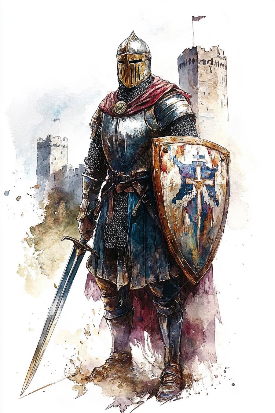 Cavaleiro medieval europeu em armadura completa com espada e escudo na frente de um castelo