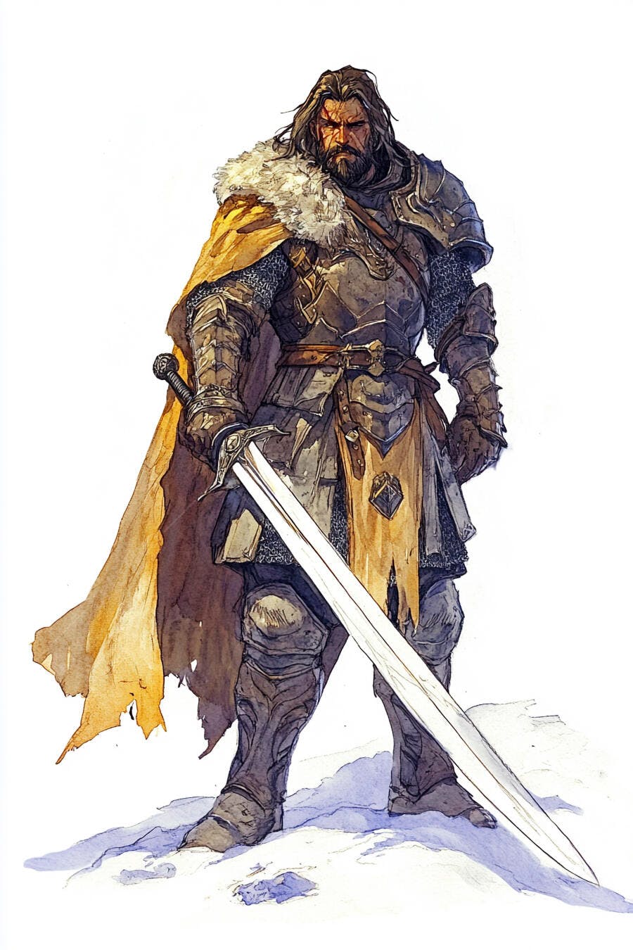 Guerreiro barbudo em armadura com espada e capa amarela na neve