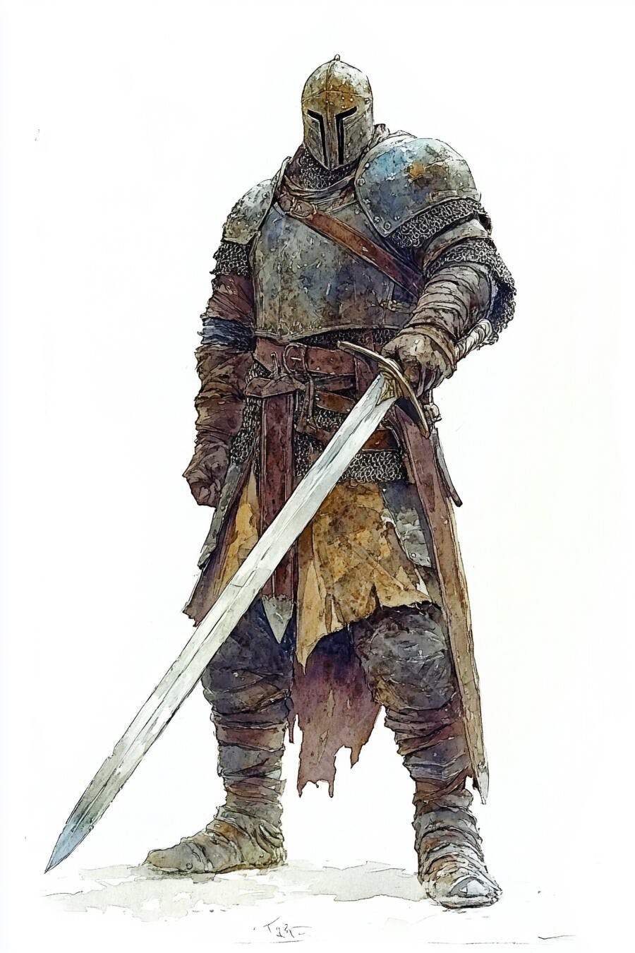 Cavaleiro medieval com armadura pesada e espada longa em estilo aquarela